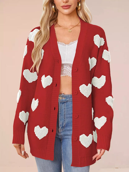 Sarah Express Women's Heart Pattern Knit Button-Up Cardigan Red