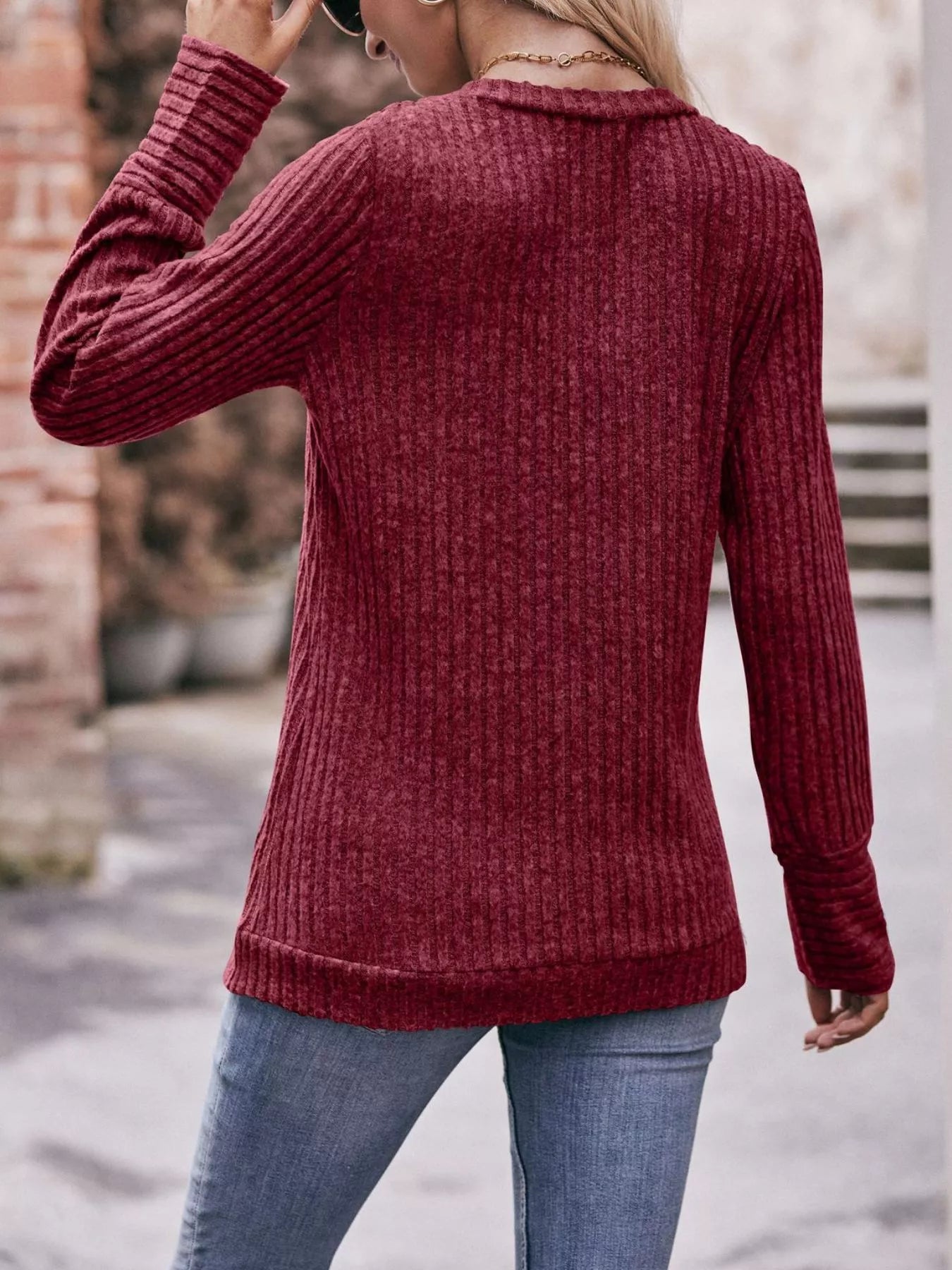 Sarah Express Women's V-Neck Ribbed Knit Long Sleeve T-Shirt