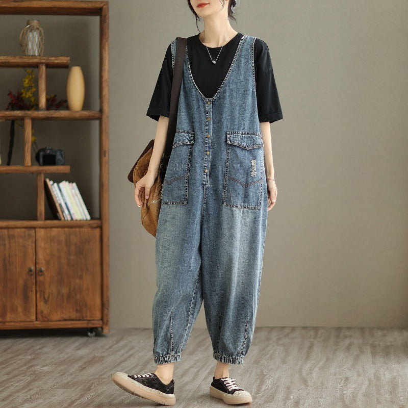 Sarah Express Women's Denim-Style Tank Top Jumpsuit - Summer Casual Cropped Ankle Length Sleeveless S-XL