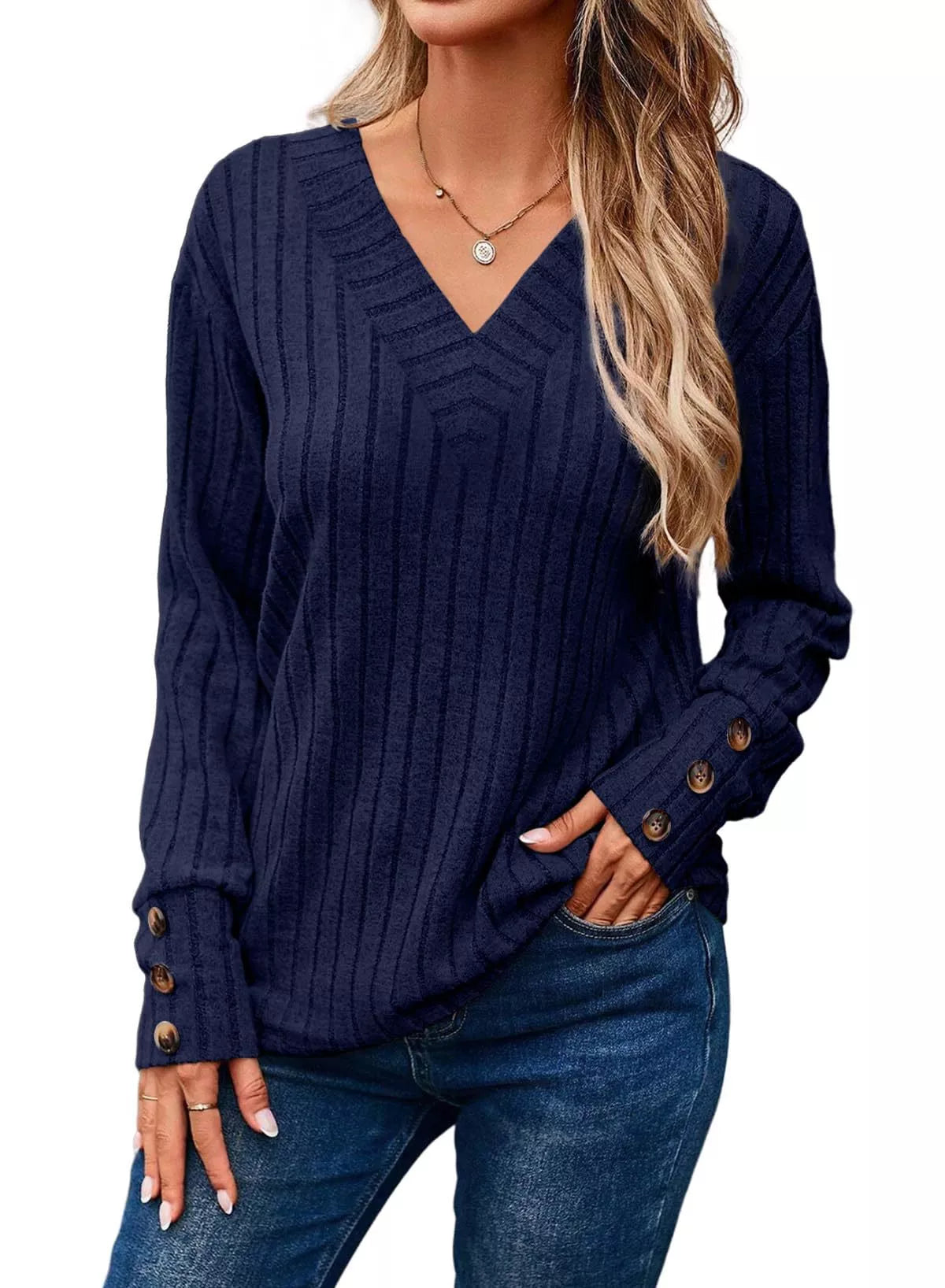 Sarah Express Women's Ribbed Knit V-Neck Top with Decorative Buttons