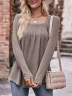 Sarah Express Women's Pleated Square Neck Long Sleeve T-Shirt