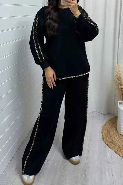 Sarah Express Women's Leopard Trim Two-Piece Set - Round Neck Top and Pants Black