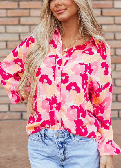 Sarah Express Women's Floral Print Puff Sleeve Button-Down Shirt Polyester Pink