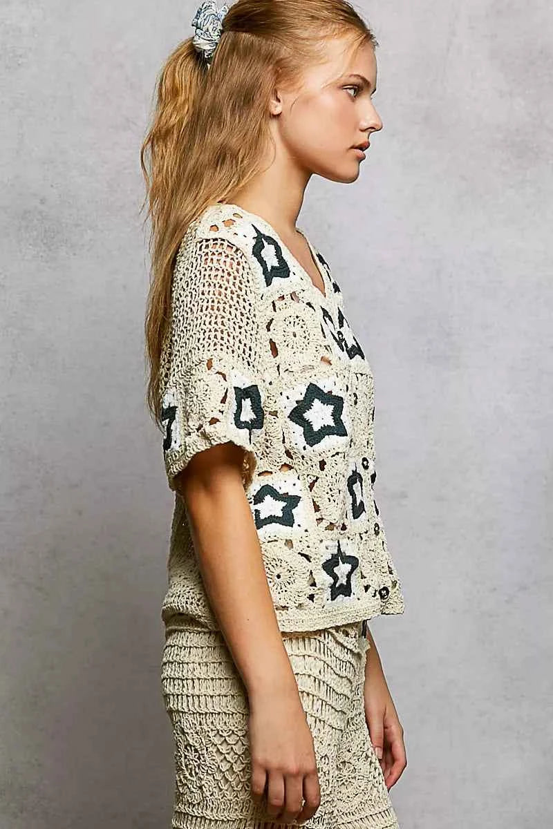 Sarah Express Women's Crochet Cardigan Button Front V-Neck with Star Detail Short Sleeve