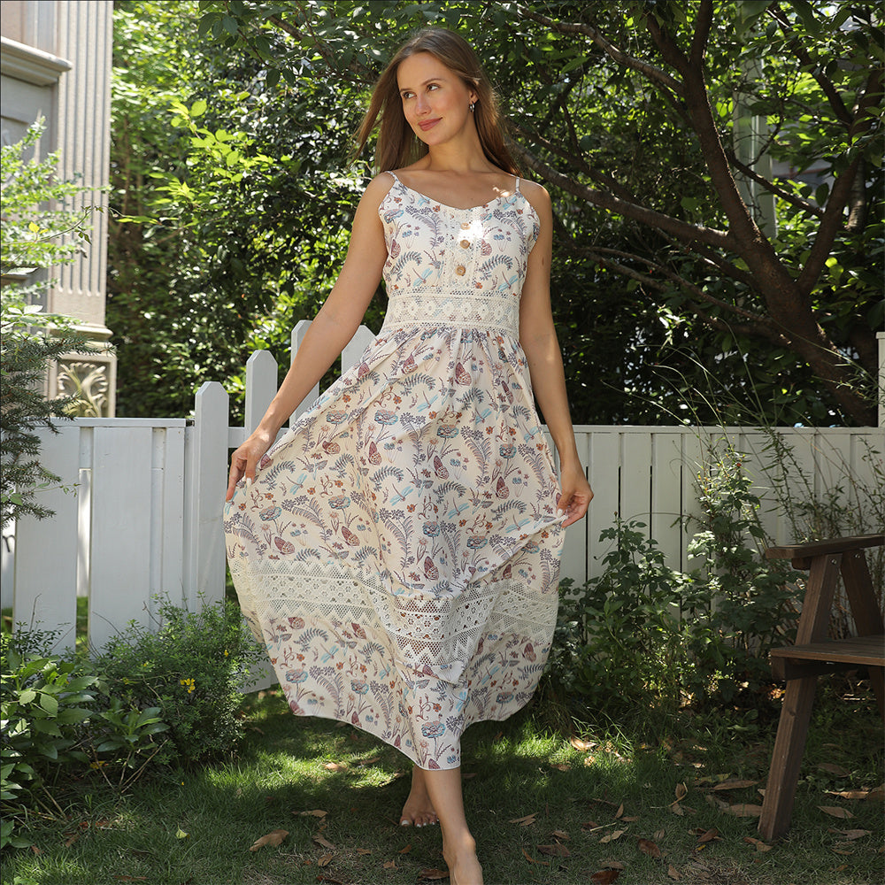 Women's Sleeveless Floral Suspender Maxi Dress