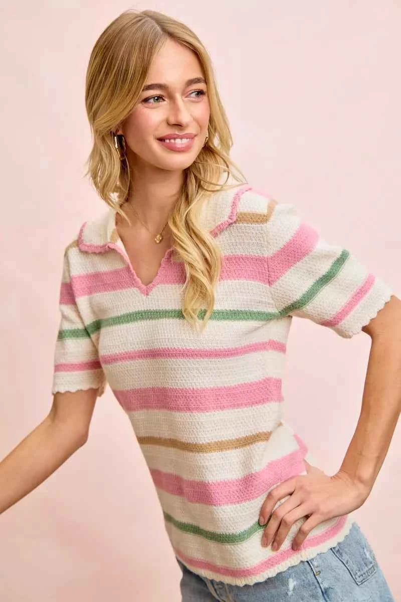 Sarah Express Women's Multi Color Striped Collared Knit Top - Ribbed Preppy Sweater