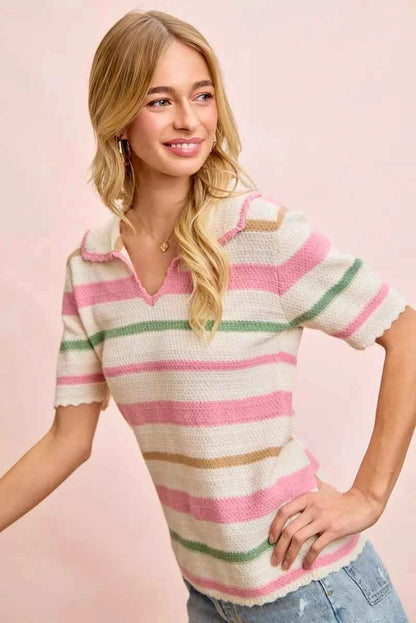 Sarah Express Women's Multi Color Striped Collared Knit Top - Ribbed Preppy Sweater