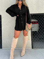 Women's Long Sleeve Button-Down Romper Shorts Jumpsuit