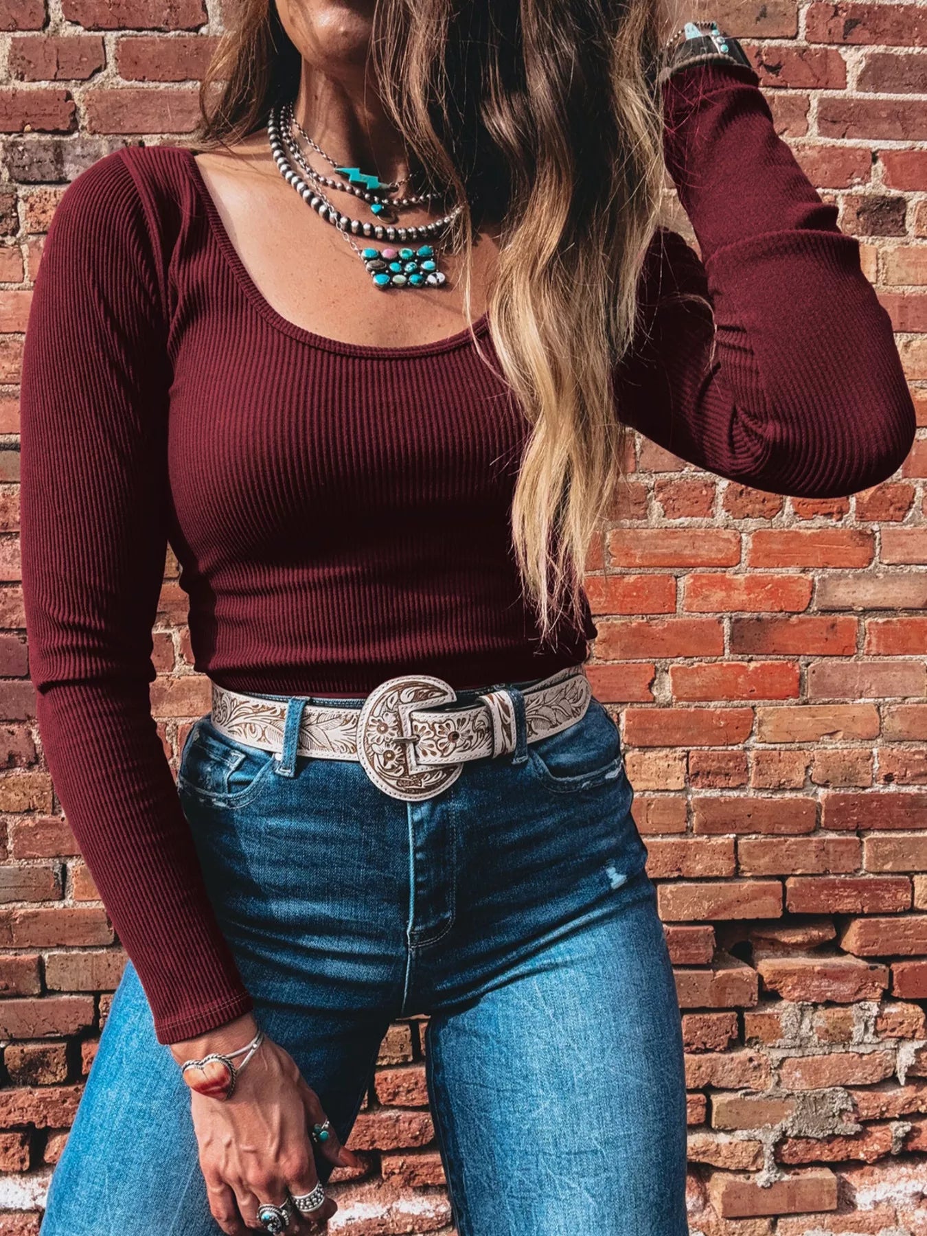 Sarah Express Women's Ribbed Knit Long Sleeve Fitted T-Shirt Brown