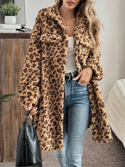 Sarah Express Women's Leopard Print Button Up Long Sleeve Fuzzy Coat