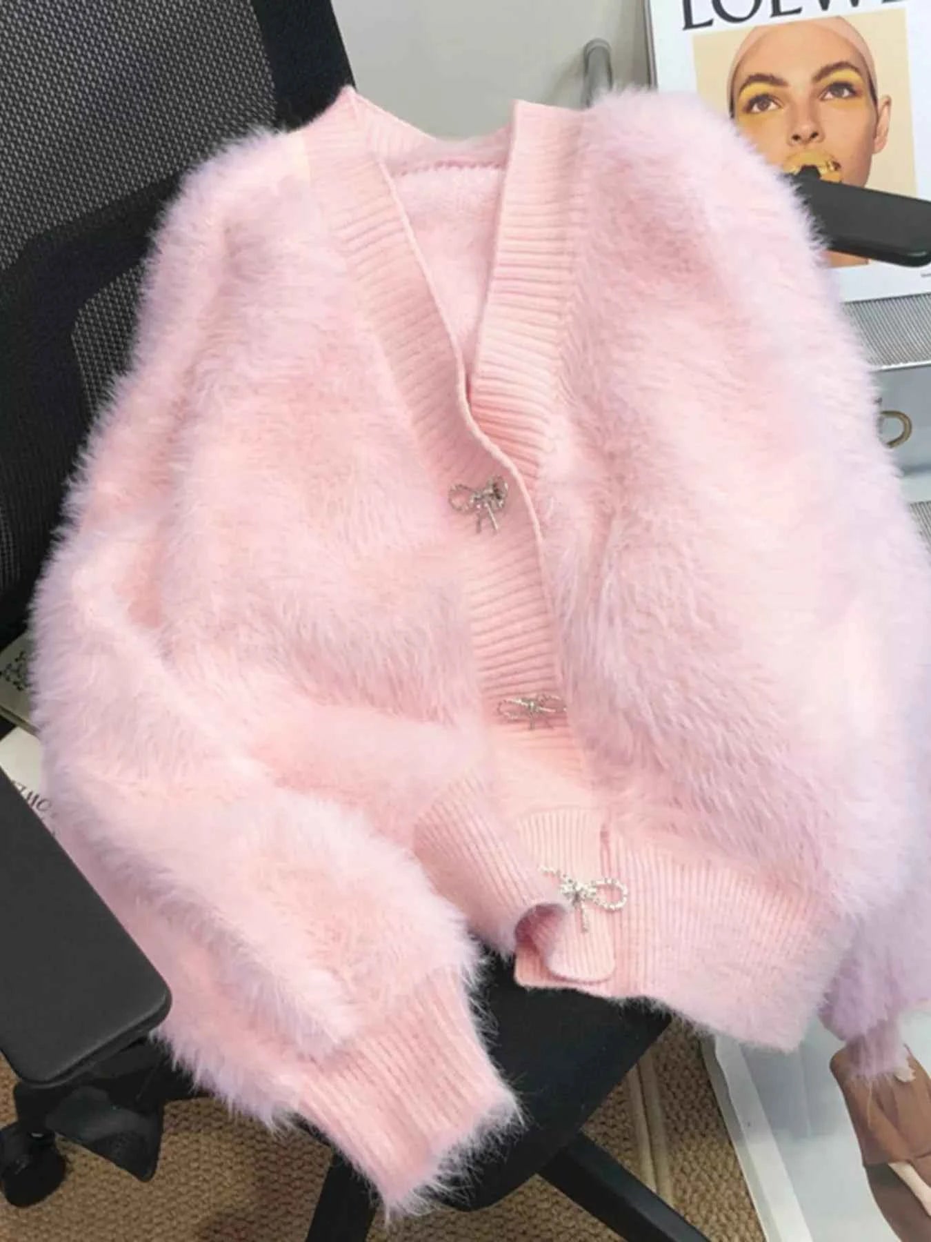 Sarah Express Women's Fuzzy Bow Button Up Cardigan - Cozy Knit Sweater Pink One Size