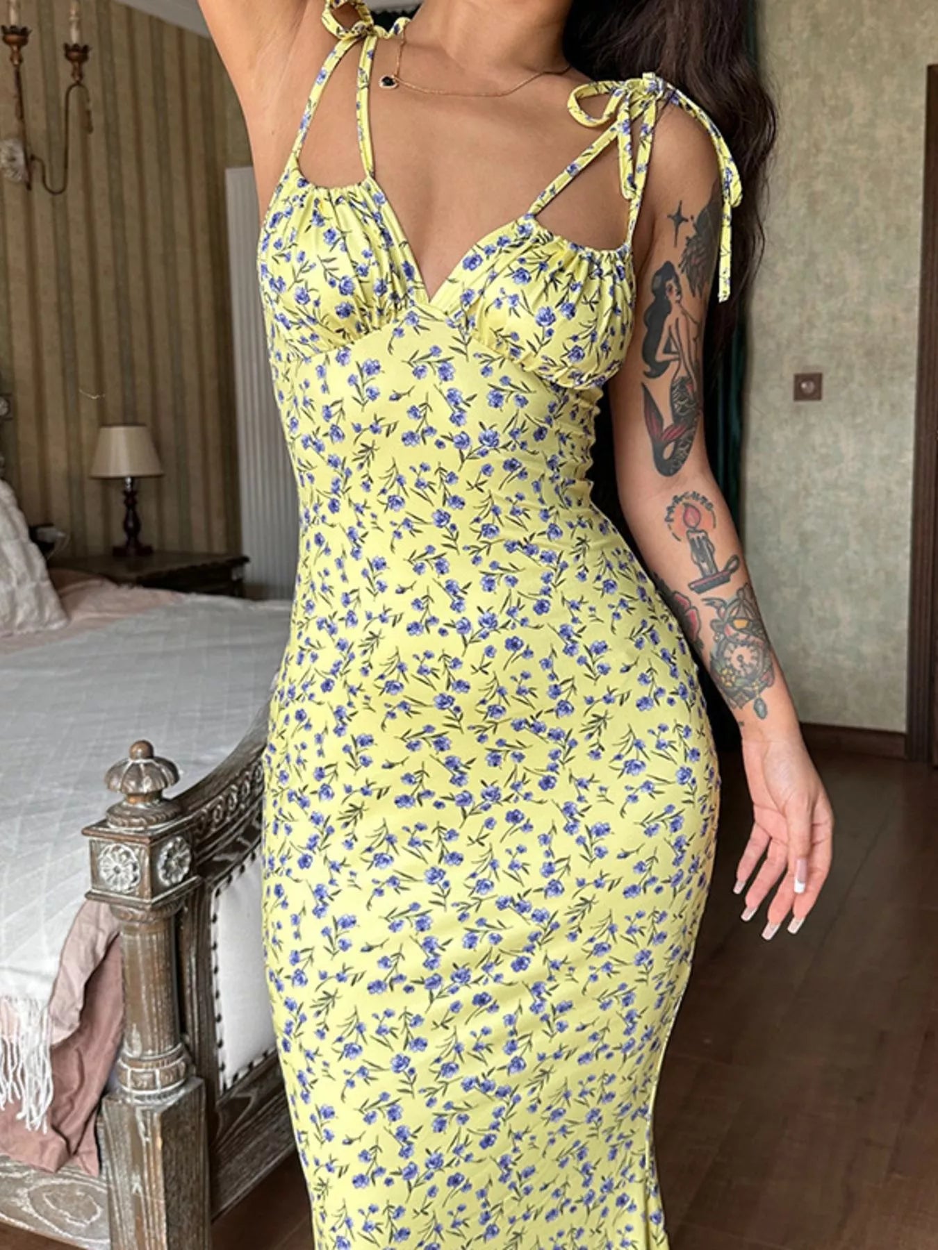 Sarah Express Women's Floral Print Tie Strap Bodycon Maxi Dress Yellow