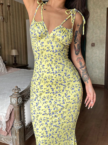 Sarah Express Women's Floral Print Tie Strap Bodycon Maxi Dress Yellow