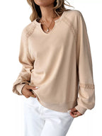 Sarah Express Women's Lace Detail Notched Long Sleeve Sweatshirt - Oversized Casual Pullover