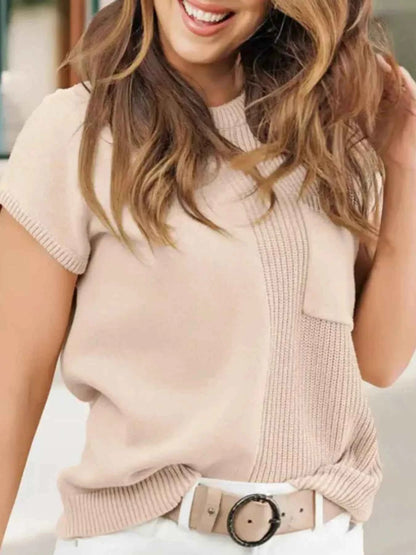 Sarah Express Women's Short Sleeve Knit Sweater with Pockets - Lightweight Summer Pullover Top Eggshell