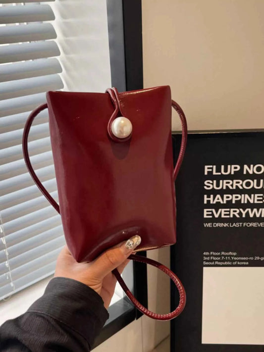 Pearl Decor Faux Leather Crossbody Bag