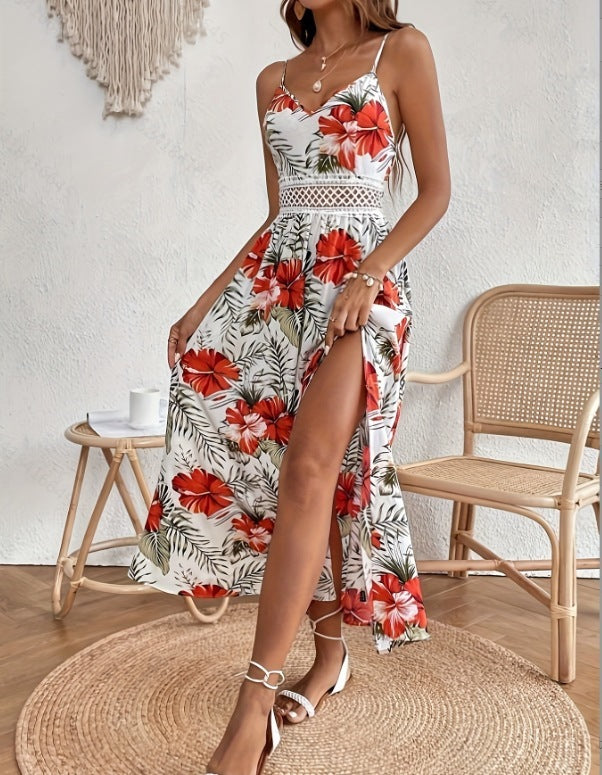 Sarah Express Women's Printed V Neck Midi Dress Lace Detail High Slit Sleeveless