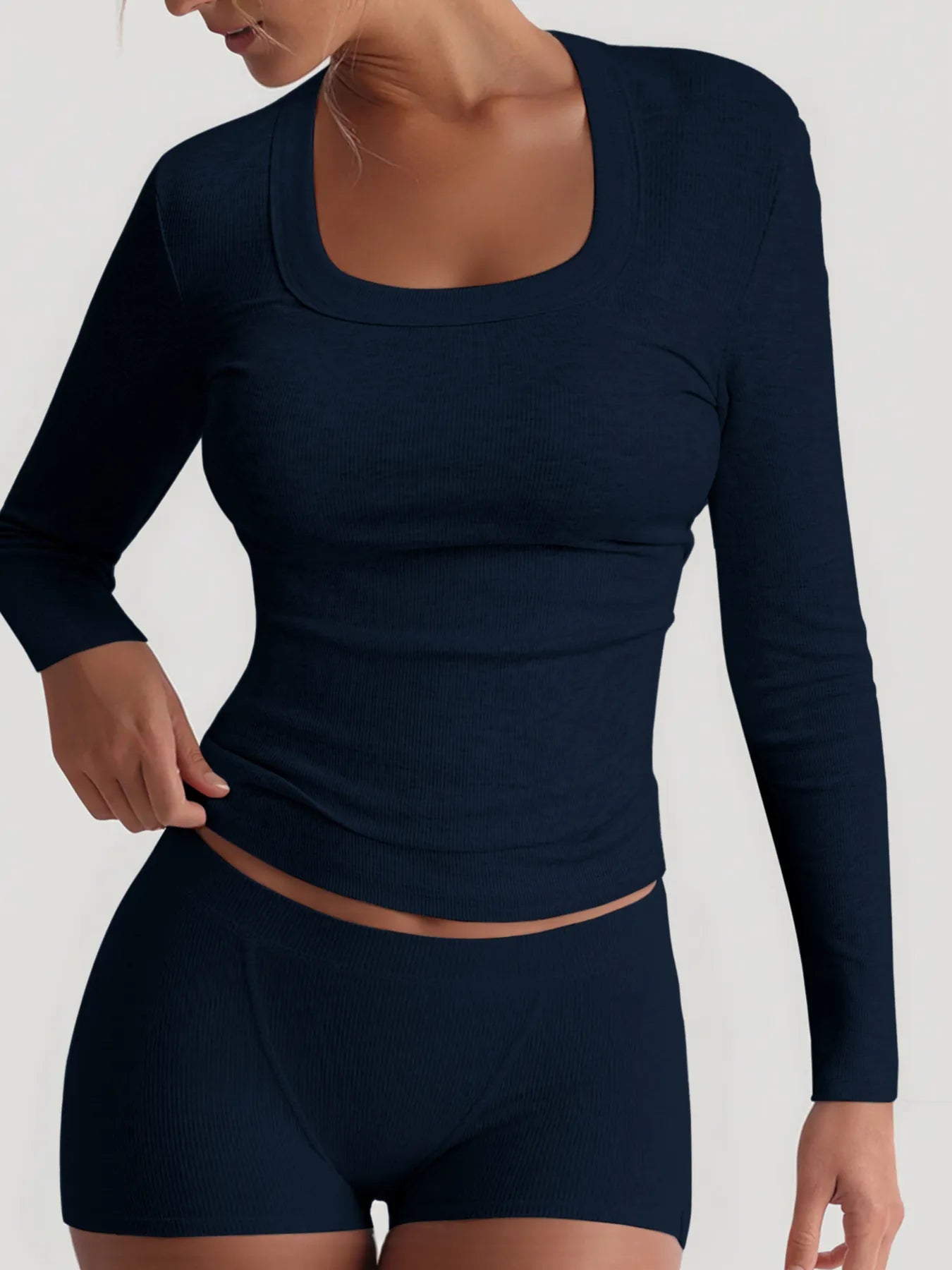 Sarah Express Women's Square Neck Long Sleeve Top and Shorts Set Navy