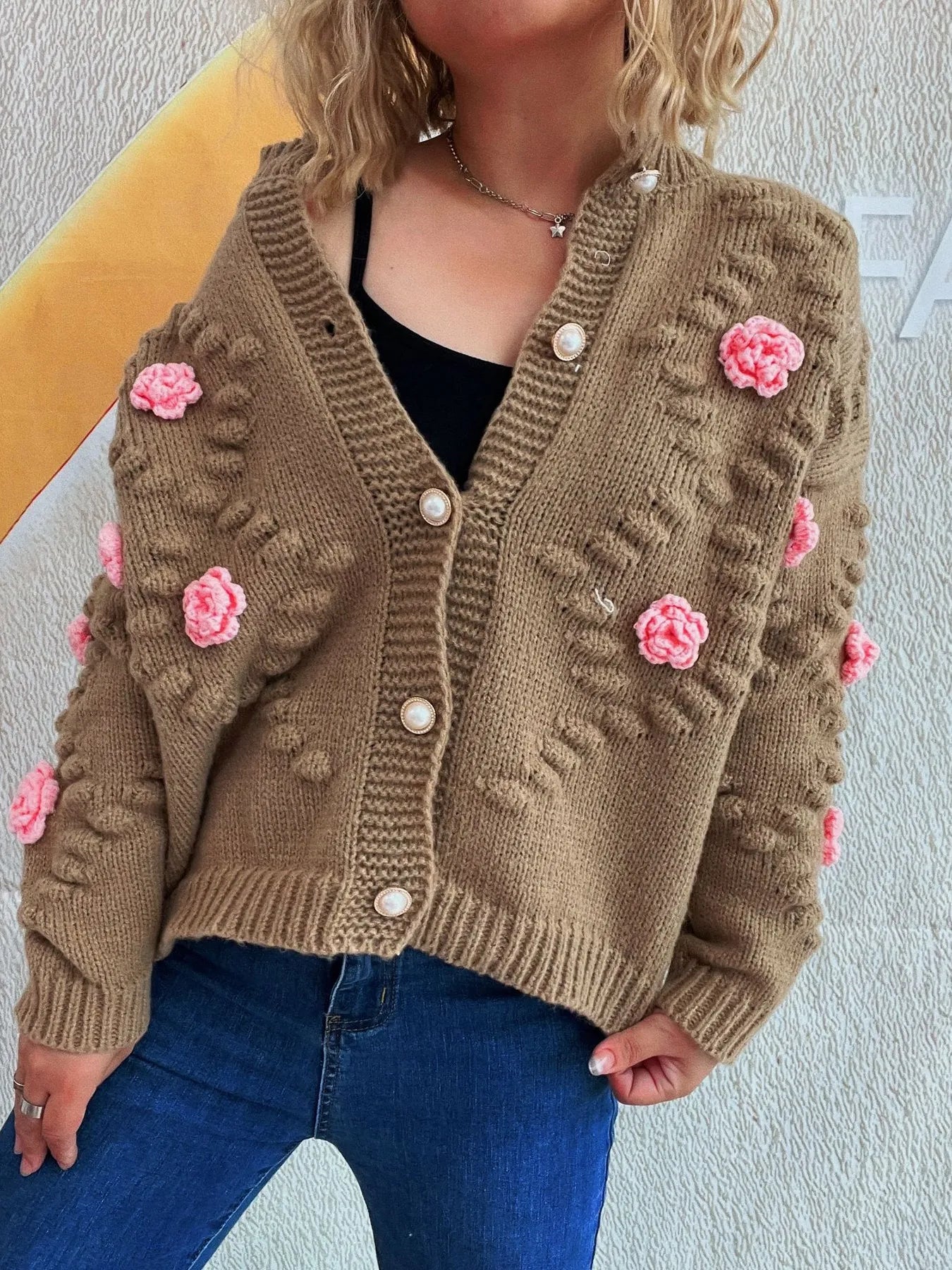 Sarah Express Women's Flower Button Up Long Sleeve Cardigan Brown One Size