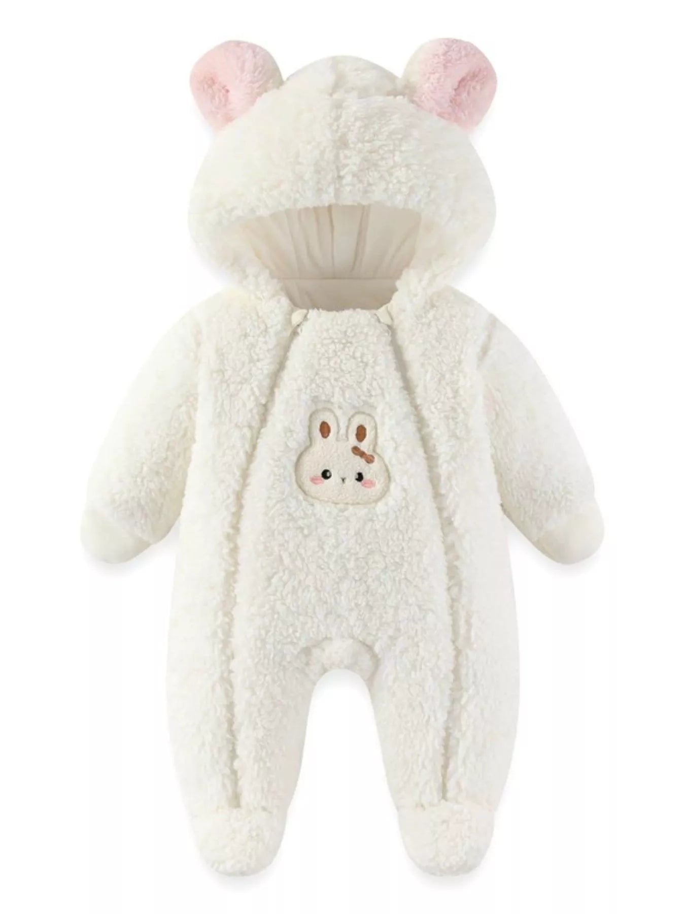 Sarah Express Women's Bunny Hooded Fleece One-Piece Pajamas - Cozy Loungewear White