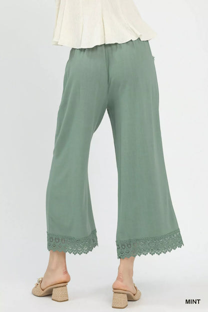 Sarah Express Women's Linen Wide Leg Cropped Pants with Lace Trim - Breathable Summer Palazzo Pants
