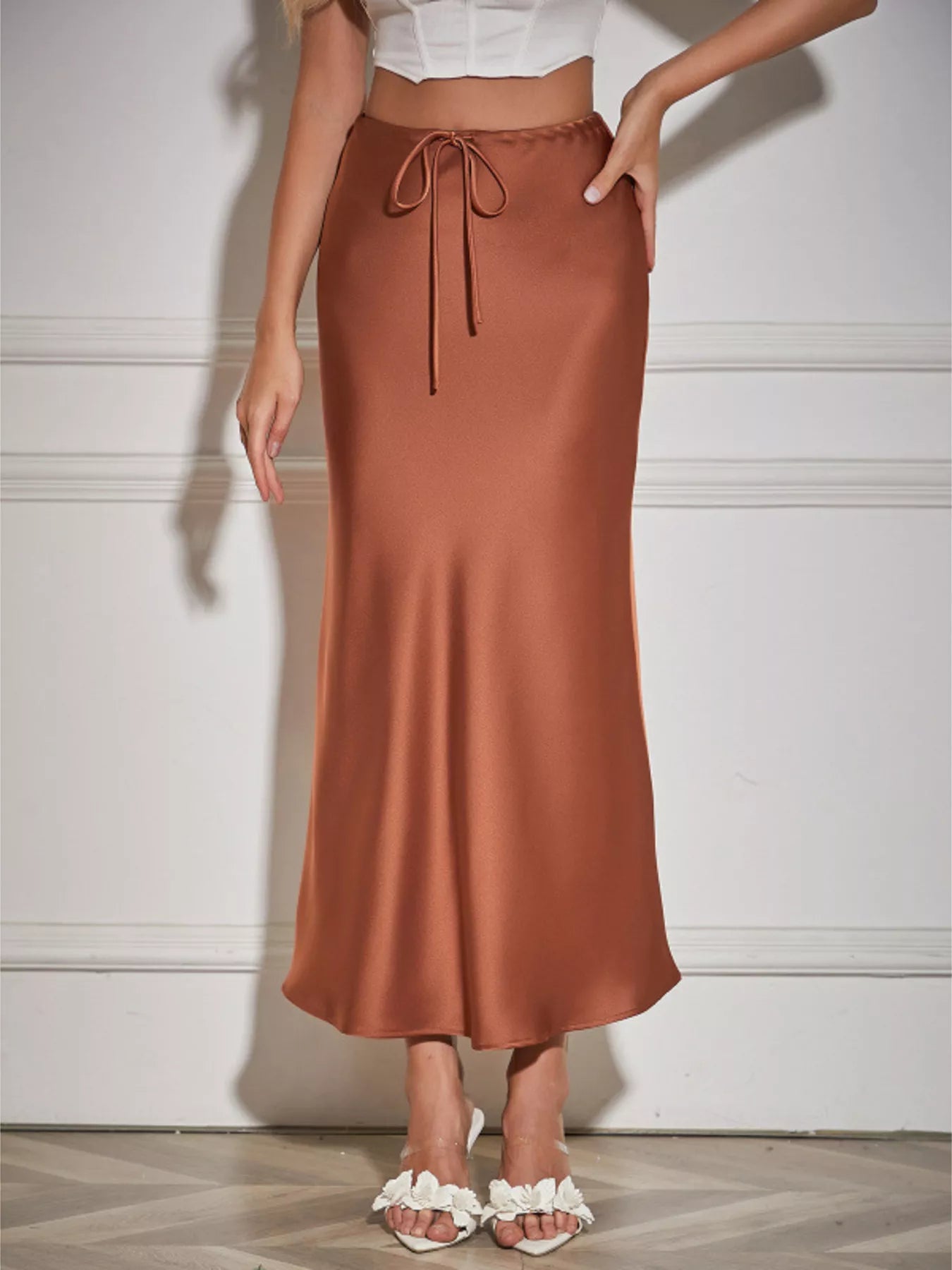 Sarah Express Women's Satin Midi Skirt with Drawstring - Elegant High Waist Skirt Brown