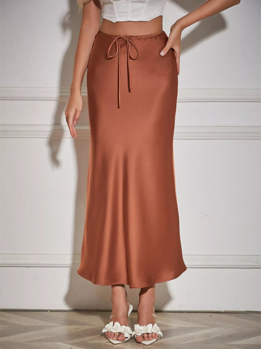Sarah Express Women's Satin Midi Skirt with Drawstring - Elegant High Waist Skirt Brown