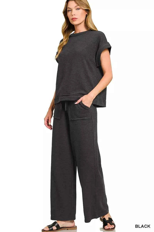 Sarah Express Women's Cotton Slub Short Sleeve Tee and Pants Lounge Set BLACK