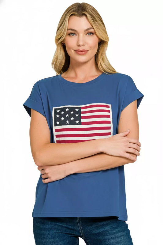 Sarah Express Women's US Flag Round Neck Short Sleeve T-Shirt Plus Size