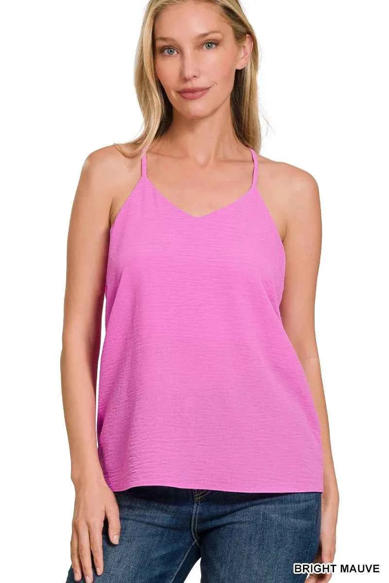 Sarah Express Women's Woven Airflow Adjustable Strap V-Neck Cami Top BRIGHT MAUVE