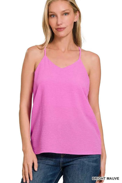 Sarah Express Women's Woven Airflow Adjustable Strap V-Neck Cami Top BRIGHT MAUVE