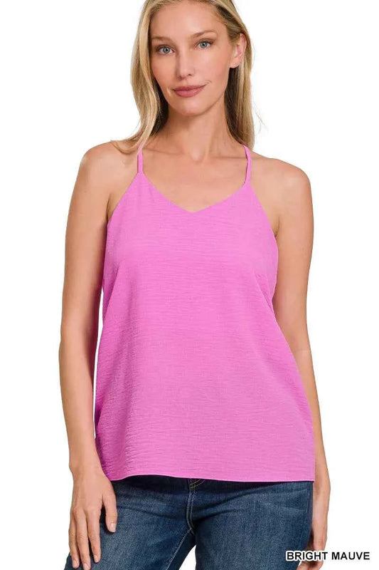 Sarah Express Women's Woven Airflow Adjustable Strap V-Neck Cami Top BRIGHT MAUVE