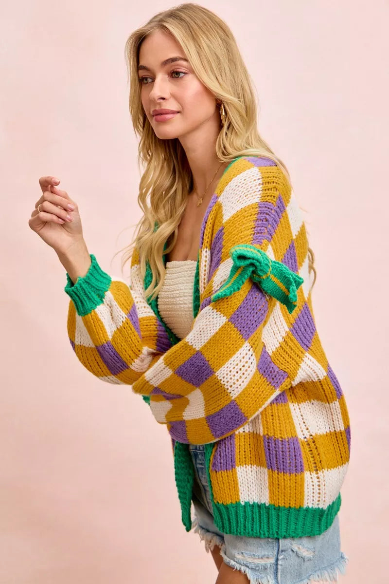 Sarah Express Women's Mardi Gras Checkerboard Front Open Cardigan