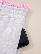 Sarah Express Women's Contrasted Trim Frilled Collar Drop Shoulder Top and Drawstring Pant Set