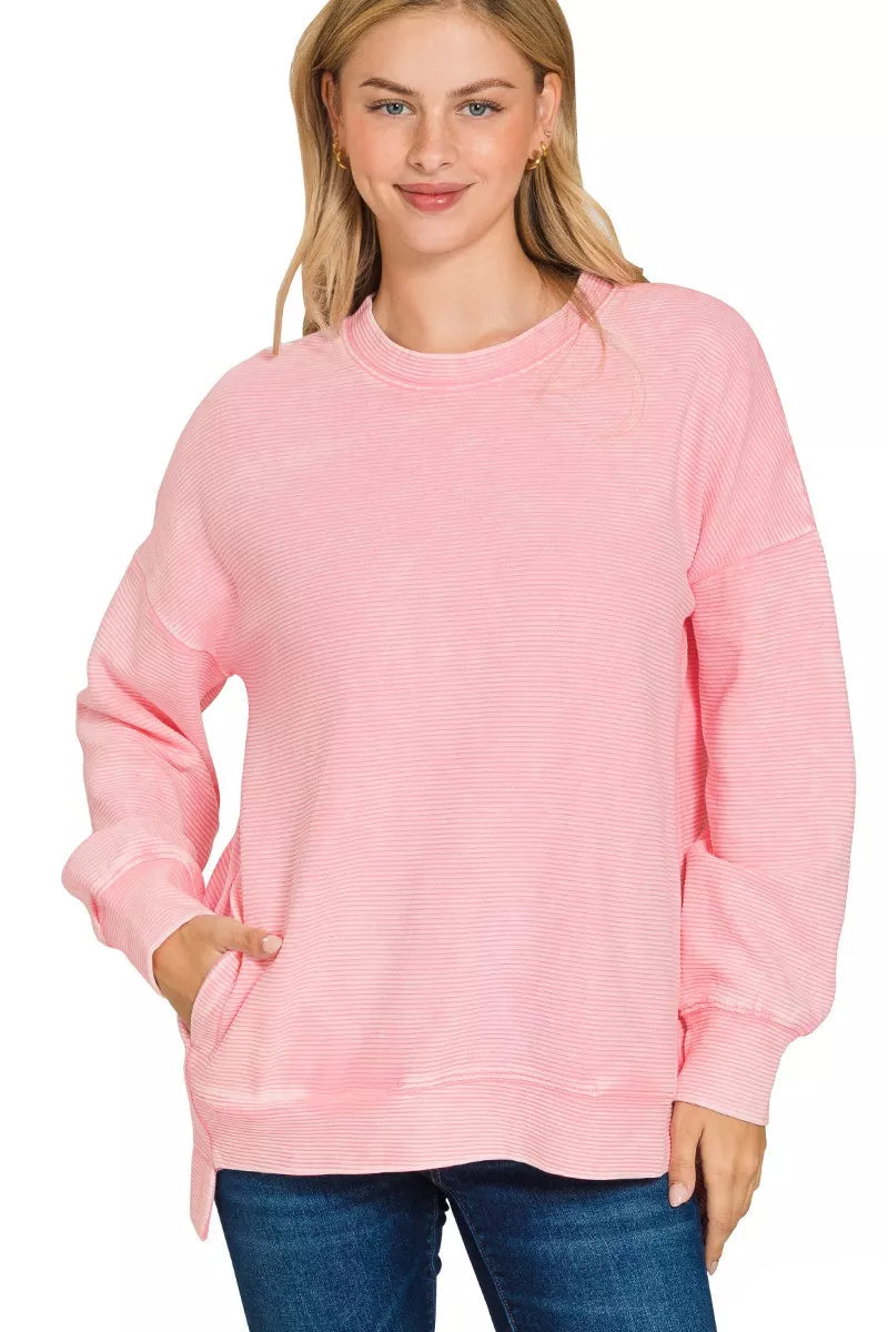 Sarah Express Women's Acid Wash Ribbed Sweatshirt | Hi-Low Hem | 100% Cotton | S-3XL