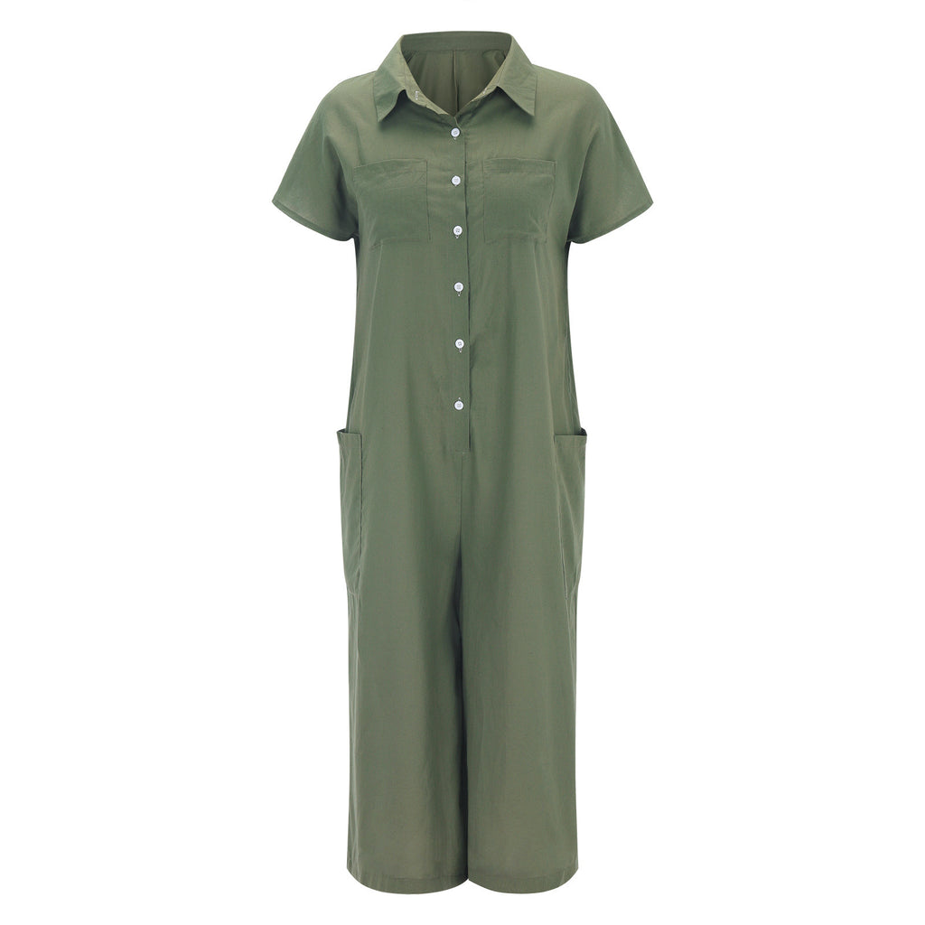 Sarah Express Short Sleeve Mid-Length Linen Jumpsuit Casual