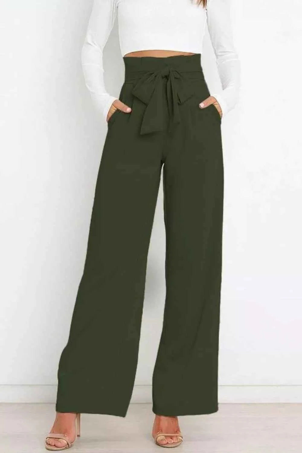 Sarah Express Women's High Waist Tie Front Wide Leg Pants - Pocketed Palazzo Trousers Army Green