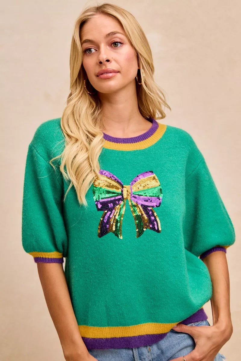 Sarah Express Women's Mardi Gras Sequin Ribbon Patched Sweater