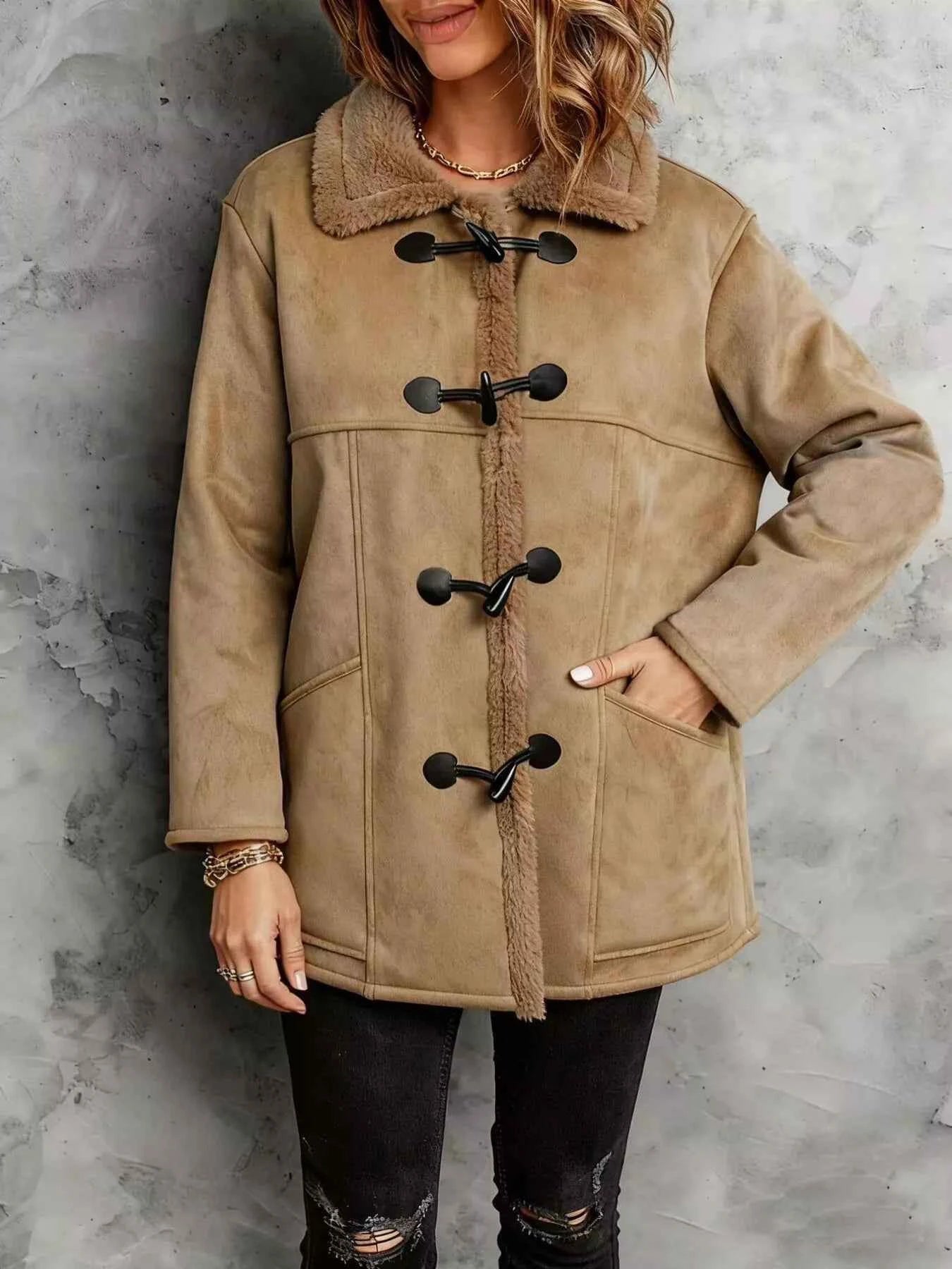 Sarah Express Women's Faux Suede Sherpa Lined Toggle Coat - Warm Winter Outerwear Khaki
