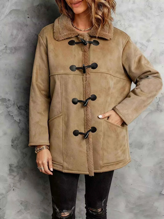 Sarah Express Women's Faux Suede Sherpa Lined Toggle Coat - Warm Winter Outerwear Khaki