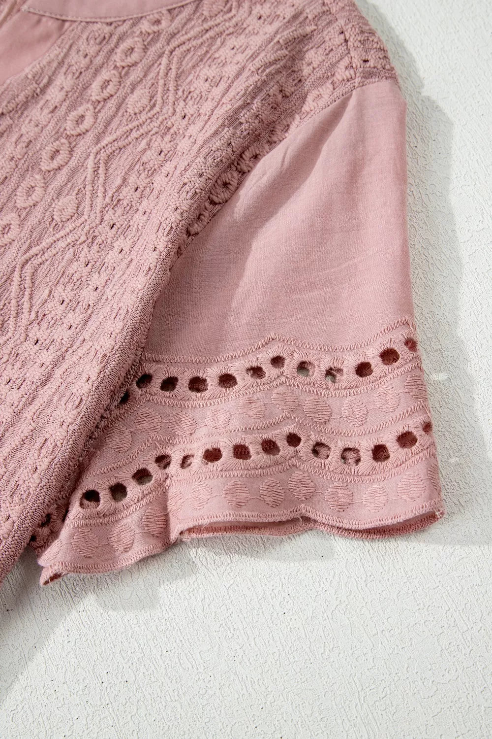 Sarah Express Women's Textured Embroidered Half Button Blouse Short Sleeve