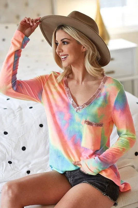 Sarah Express Women's Tie Dye V-Neck Terry Knit Top With Sequins PASTEL TIE DYE