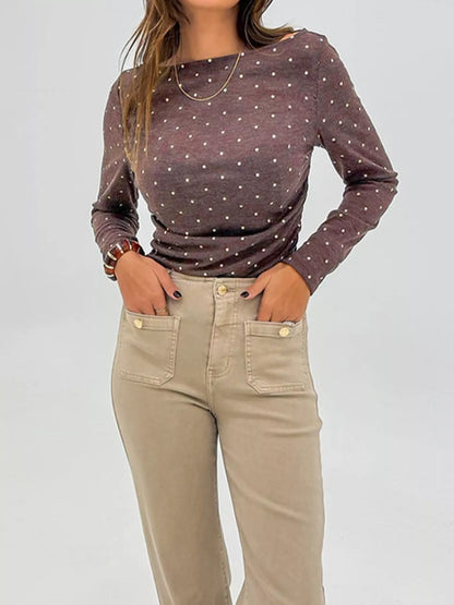 Sarah Express Women's Polka Dot Long Sleeve T-Shirt - Casual Stretch Cotton Blend Top