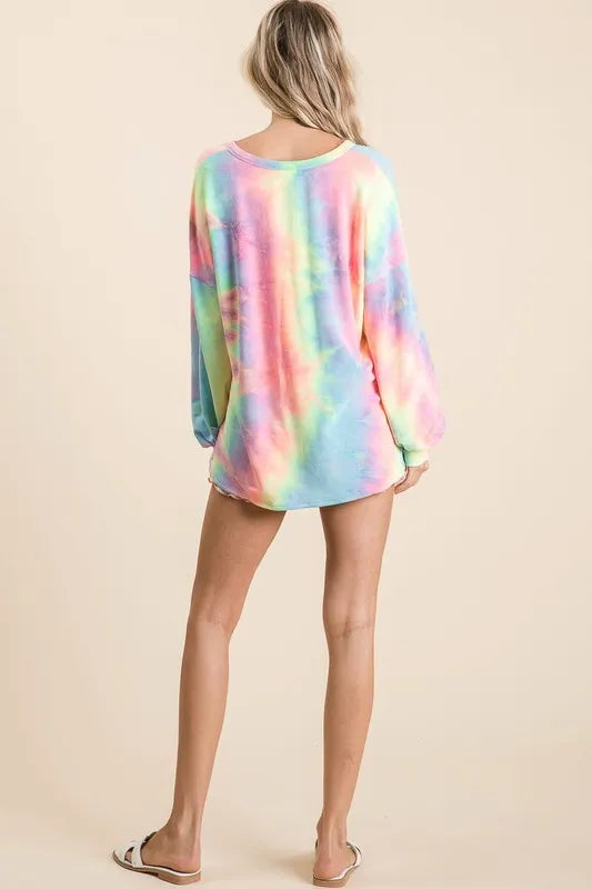 Sarah Express Women's Pastel Tie Dye V-Neck French Terry Sweatshirt with Balloon Sleeves