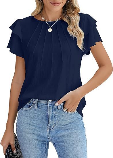 Sarah Express Women's Pleated Round Neck Blouse Short Sleeve Professional Work Top