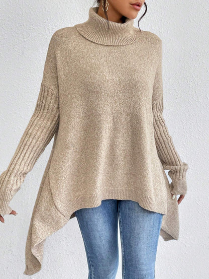 Sarah Express Women's Irregular Turtleneck Sweater - Loose Knit Long Sleeve Pullover Light Khaki