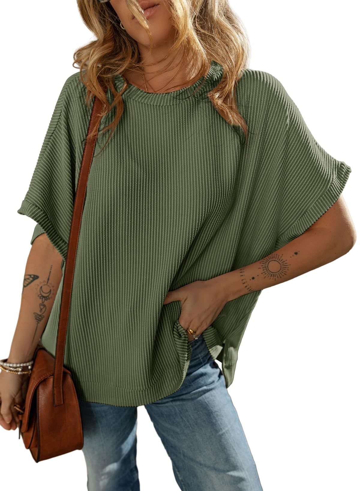 Sarah Express Solid Color Knitted T-Shirt Women's Half Sleeve Loose Casual Pullover Top