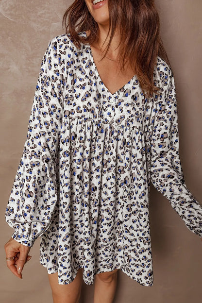 Sarah Express Women's Leopard Print V Neck Button Detail Long Sleeve Mini Dress