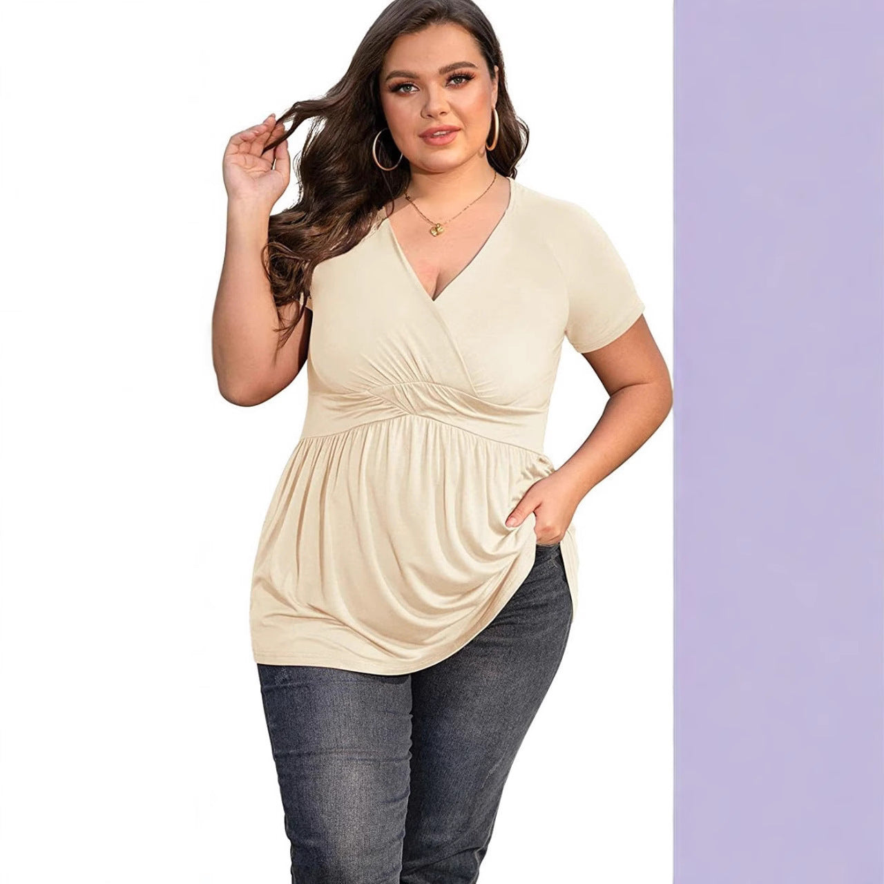 Sarah Express Women's V-Neck Short Sleeve T-Shirt with Pleated Detail Pullover Top