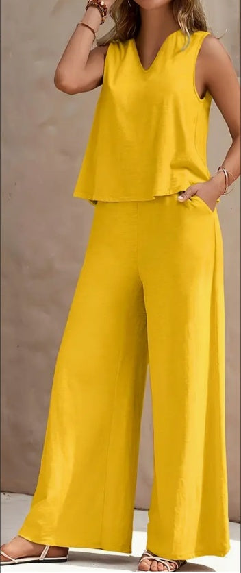 Sarah Express V Neck Tank Top Wide Leg Pants Set with Pockets Sleeveless 2 Piece